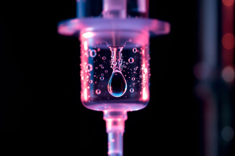 Macro view of a clear IV drip chamber with a single droplet forming, lit in rose.