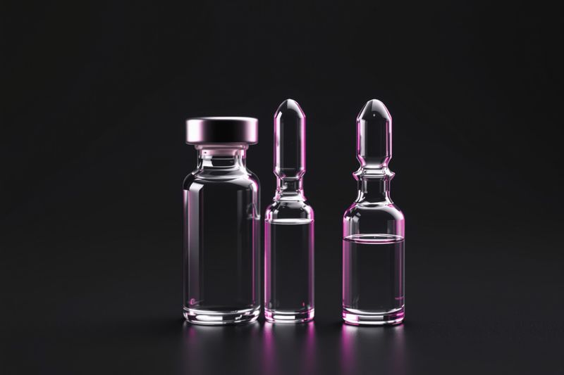 Three small unlabelled glass vials on a dark surface, edges lit in rose.