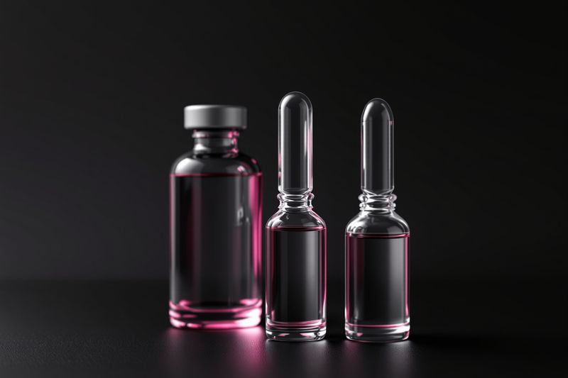 An unlabelled glass vial beside two sealed glass ampoules, lit in rose on a dark surface.