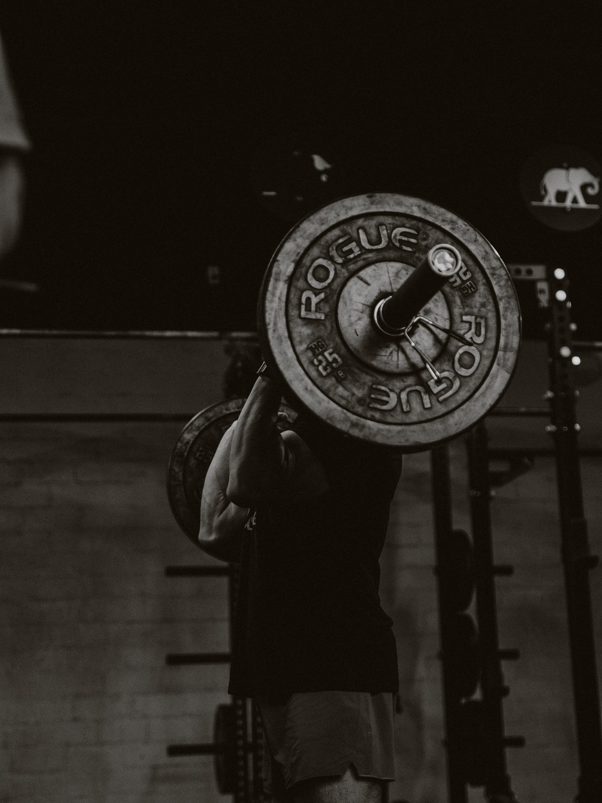 An athlete holding a Rogue weight plate overhead on the training floor.