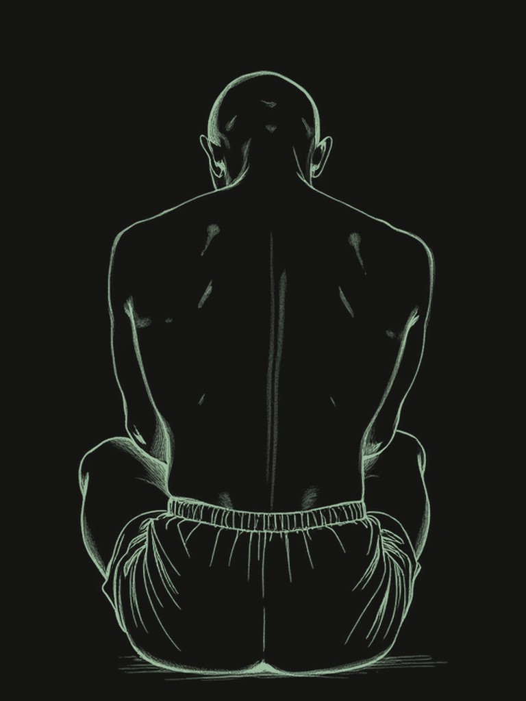 Etched line study of a person seen from behind, bare back, sitting on the floor with their head lowered.