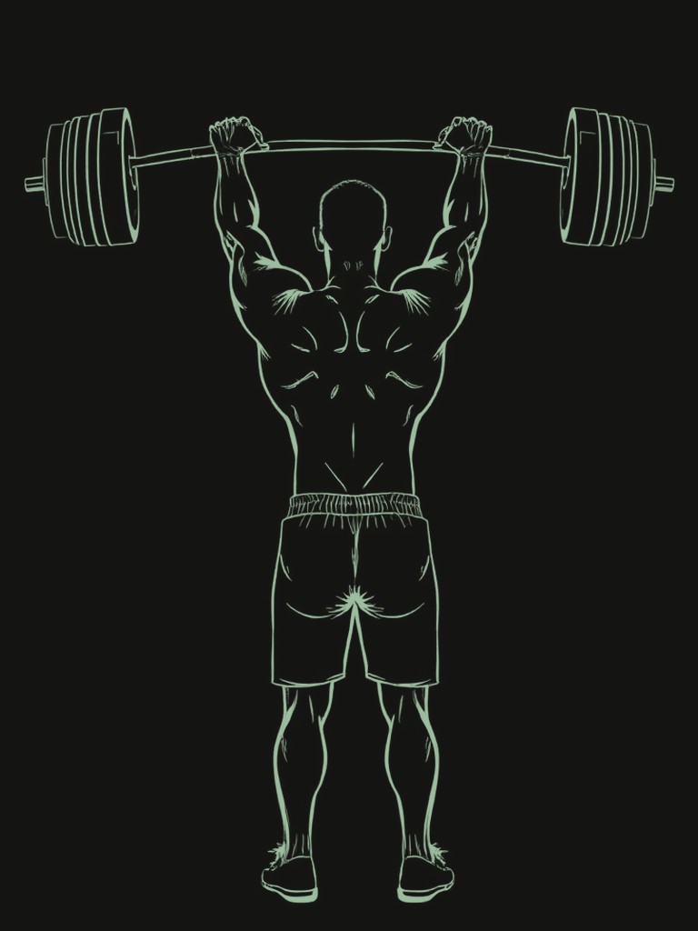 Etched line study of a lifter seen from behind, bare back, at the top of an overhead barbell press.